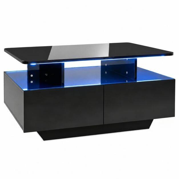 LED kafijas galdiņš ar 2 atvilktnēm un LED apgaismojumu 20 krāsās, augstums 90 cm, melns