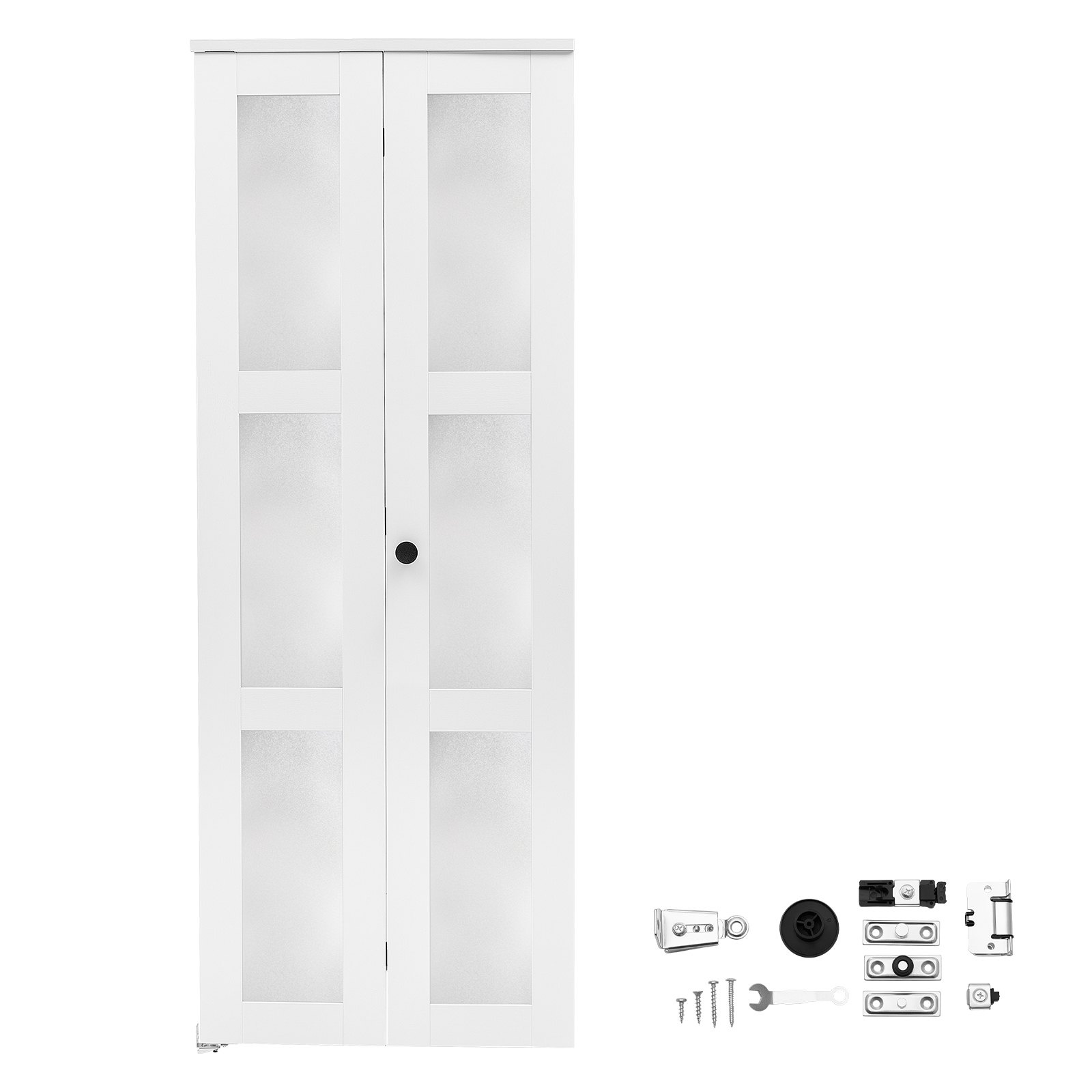 Mūsdienīgas vietu taupošas skapja salokāmās durvis ar 2 paneļiem, 762 mm (2 × 381 mm) × 2032 mm, 3 matēta stikla laukumi, izturīgs kompozīta rāmis un metāla stiprinājumi, guļamistabai