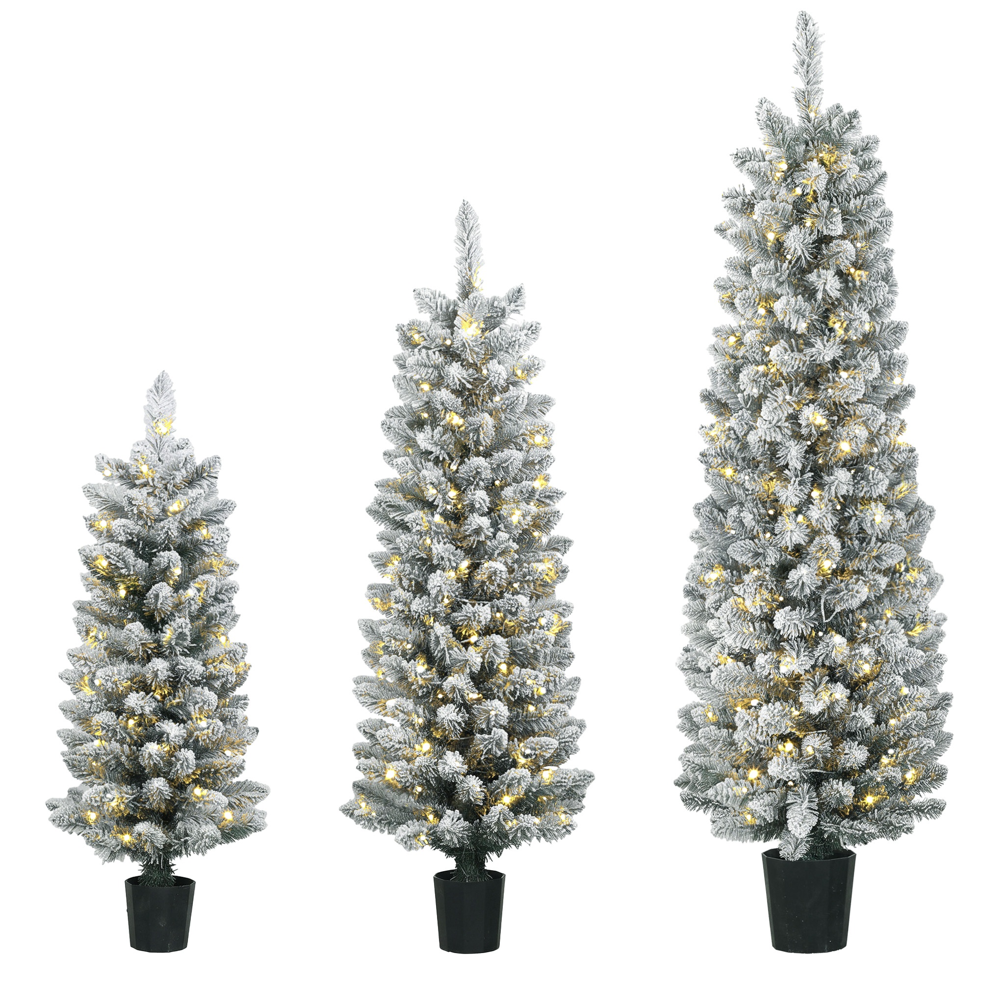 Šauras LED Ziemassvētku eglītes ar mākslīgo sniegu, 3 gab., PVC zari, 90/120/150 cm
