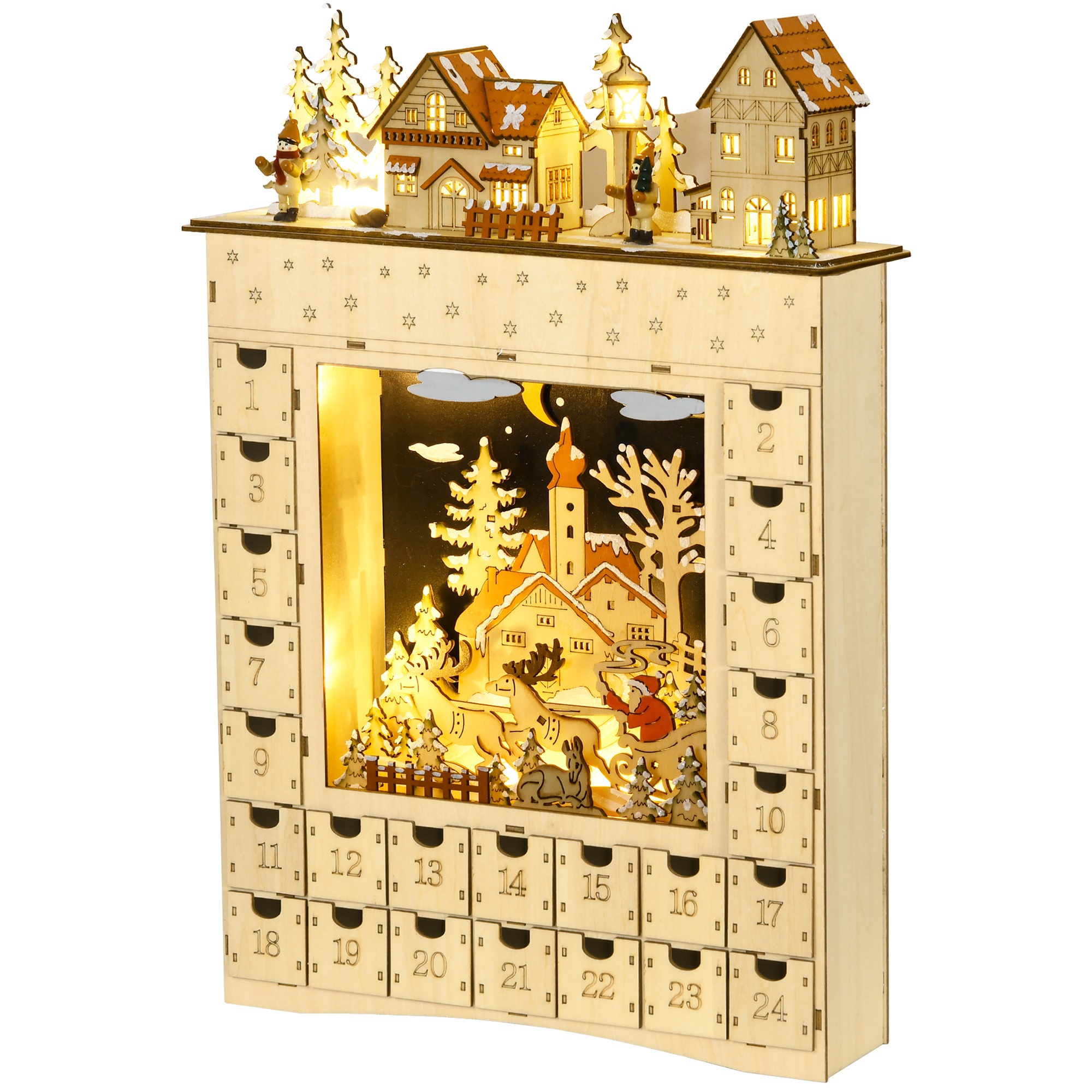 Uzpildāms adventes kalendārs, 24 atvilktnes, LED apgaismojums, dabīgs koks, 36 × 9 × 52 cm