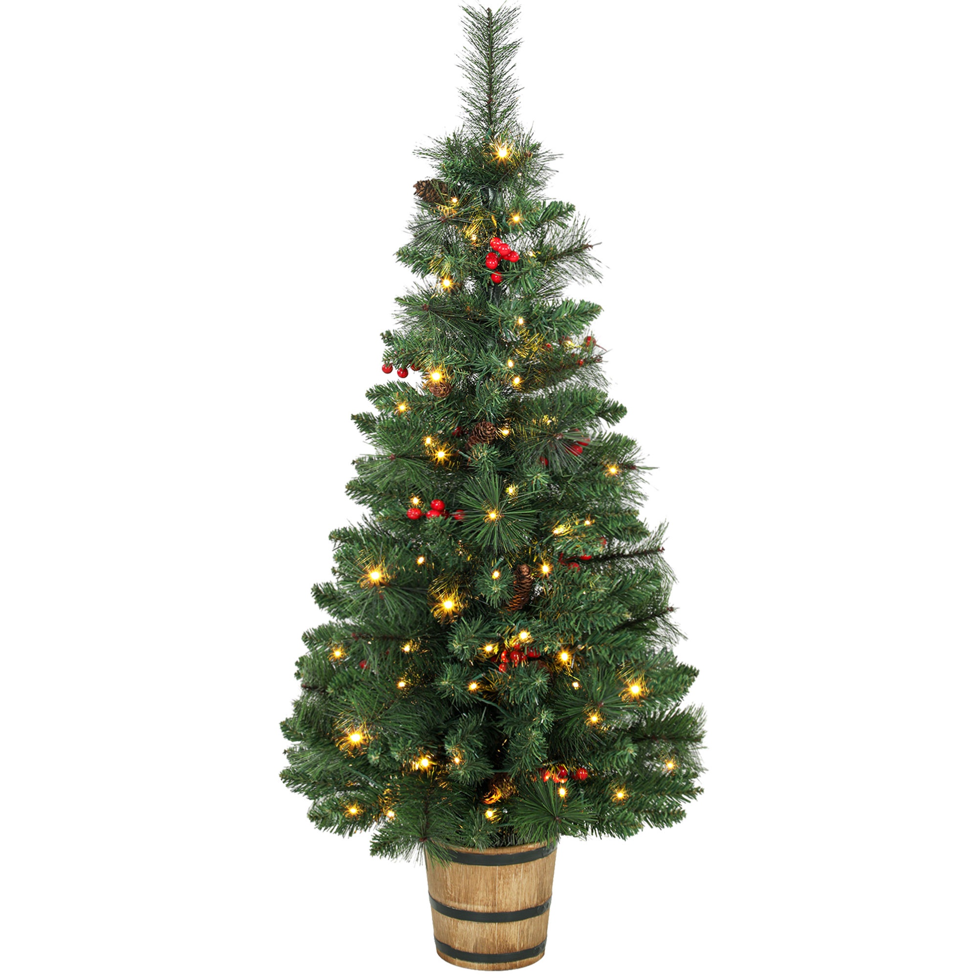 Mākslīgā Ziemassvētku eglīte ar ogām, 120 cm, 100 LED diodes un 131 zaru gals, 2 gaismas krāsas un tālvadības pults