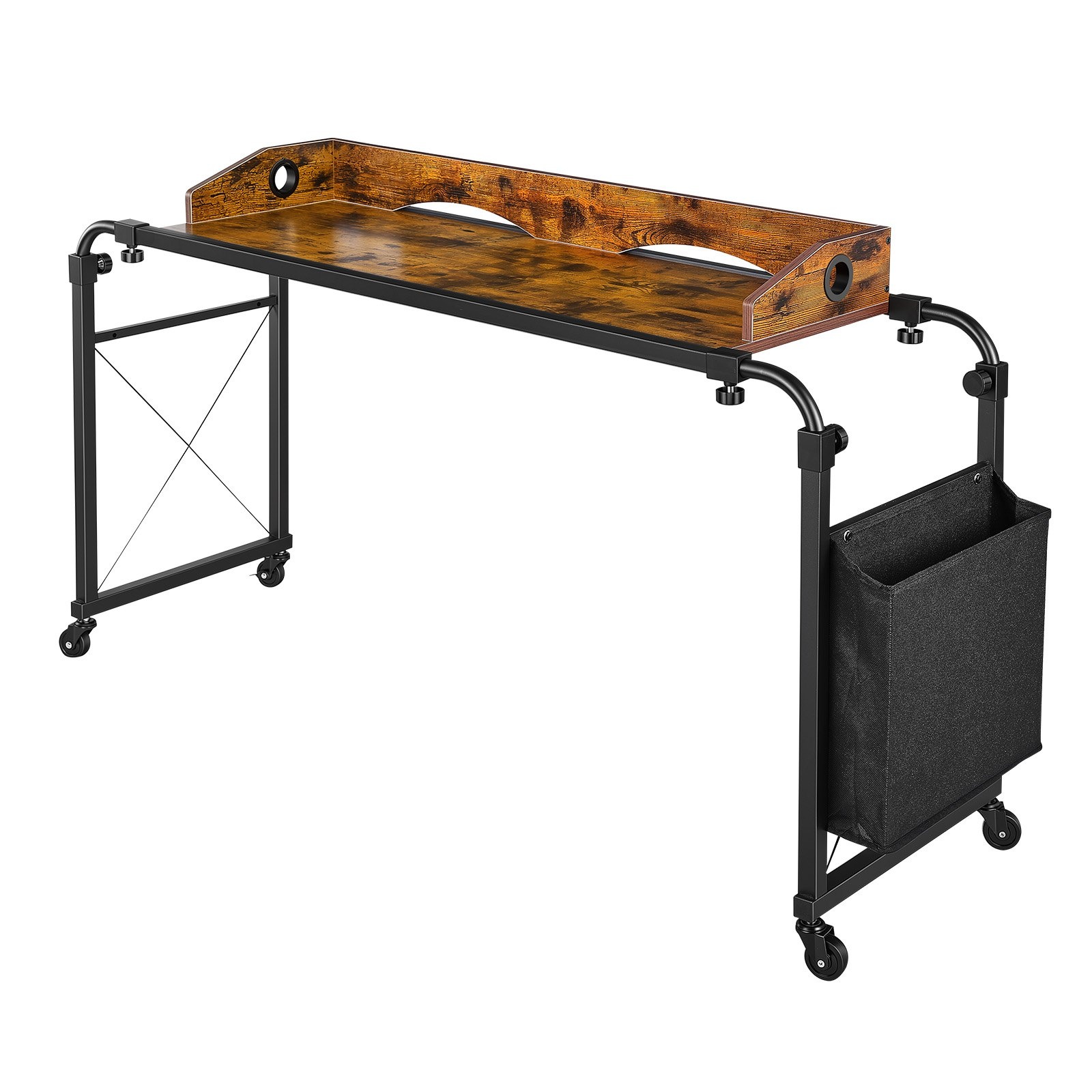 Gultas galds ar regulējamu augstumu un garumu, 1060 × 360 mm, grozāmi riteņi, sānu kabata un paaugstināta mala, guļamistabai, viesistabai un mājas birojam, brūns