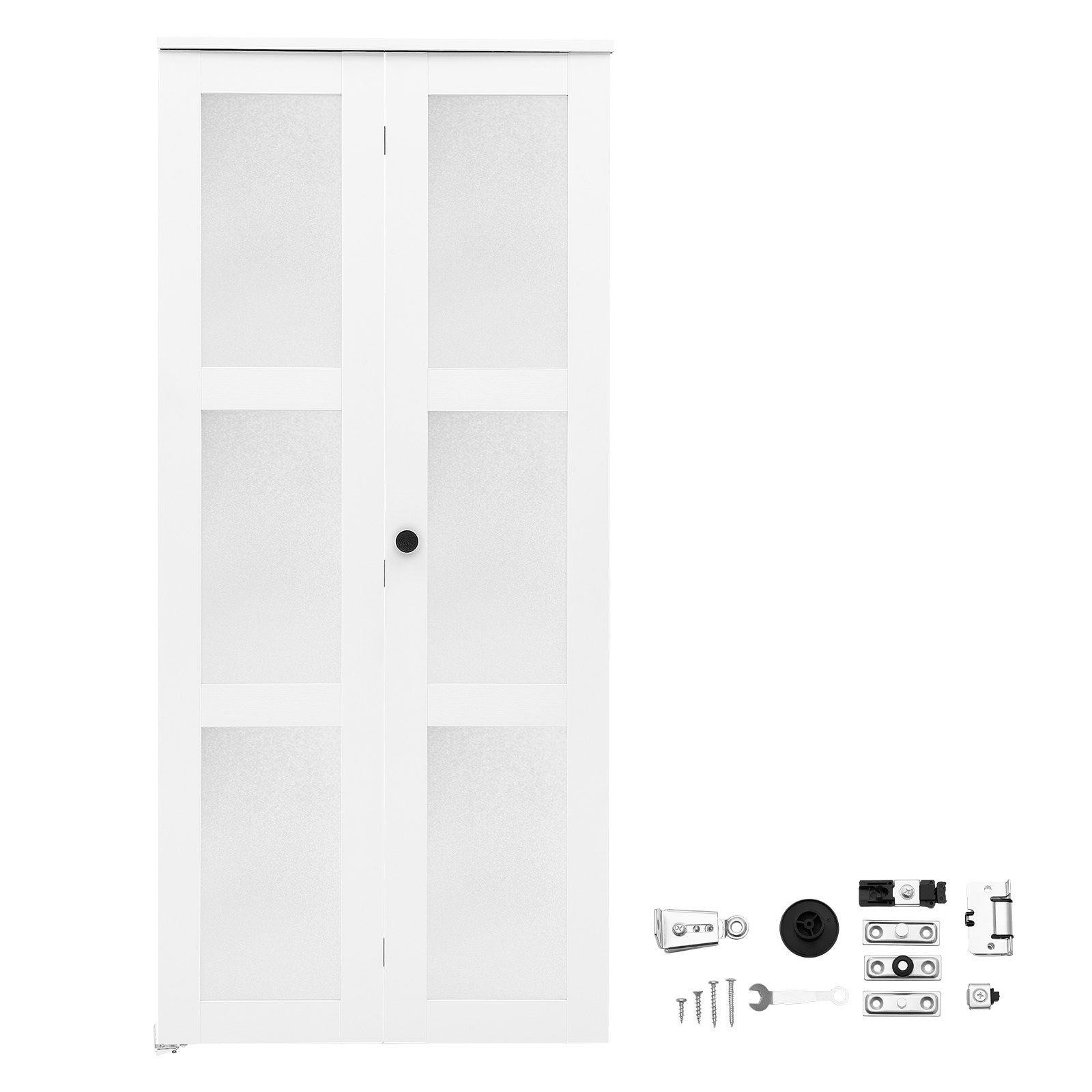 Mūsdienīgas vietu taupošas skapja salokāmās durvis ar 2 paneļiem, 914 mm (2 × 457 mm) × 2032 mm, 3 matēta stikla laukumi, izturīgs kompozīta rāmis un metāla stiprinājumi, guļamistabai