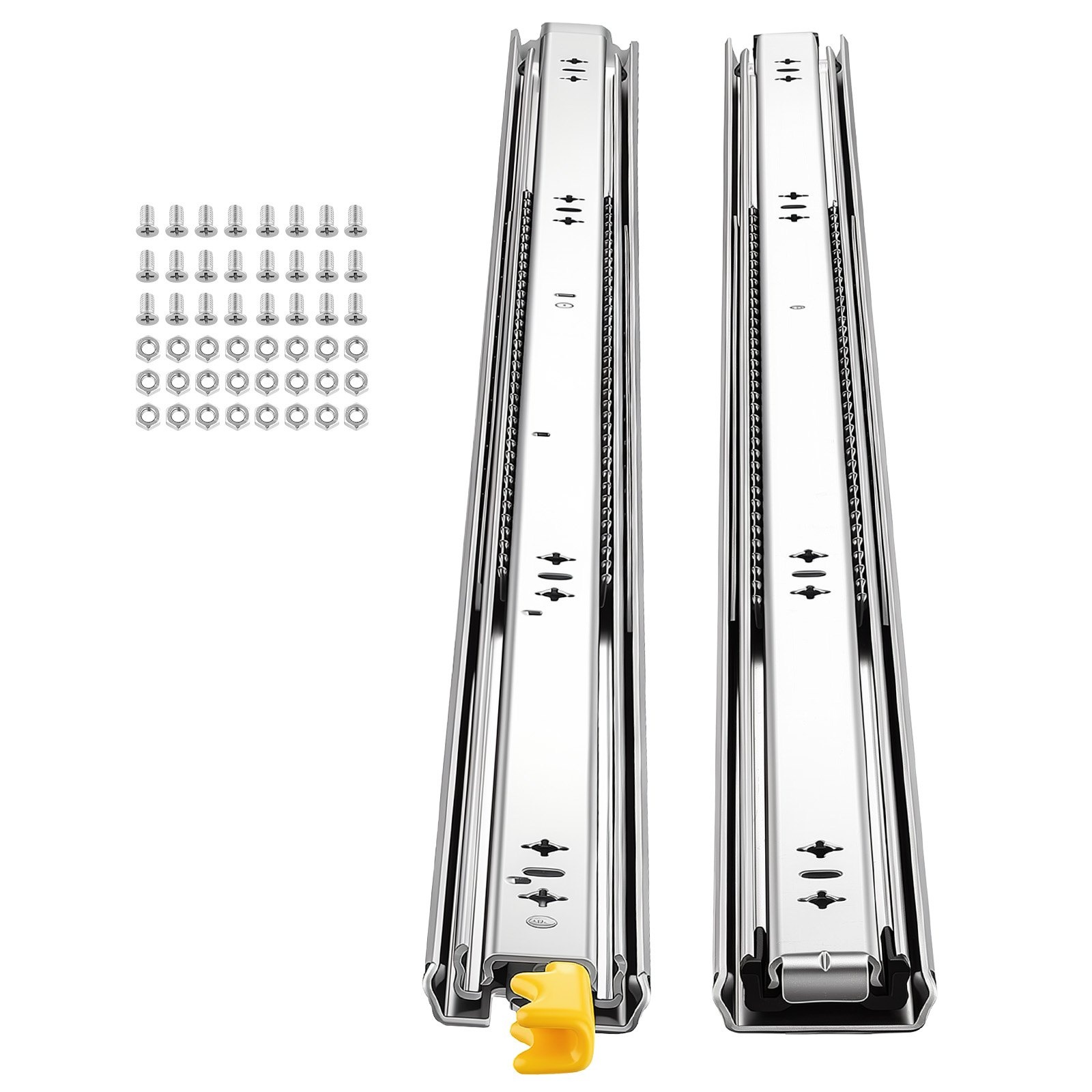 Izturīgas slēdzamas sānos stiprināmas atvilktņu lodīšu gultņu sliedes, 1 pāris, 100 cm, 113 kg, 3 daļu pilns izvilkums, oglekļa tērauds, skrūves un uzgriežņi, skapjiem, virtuvei, darba galdam un kemperim