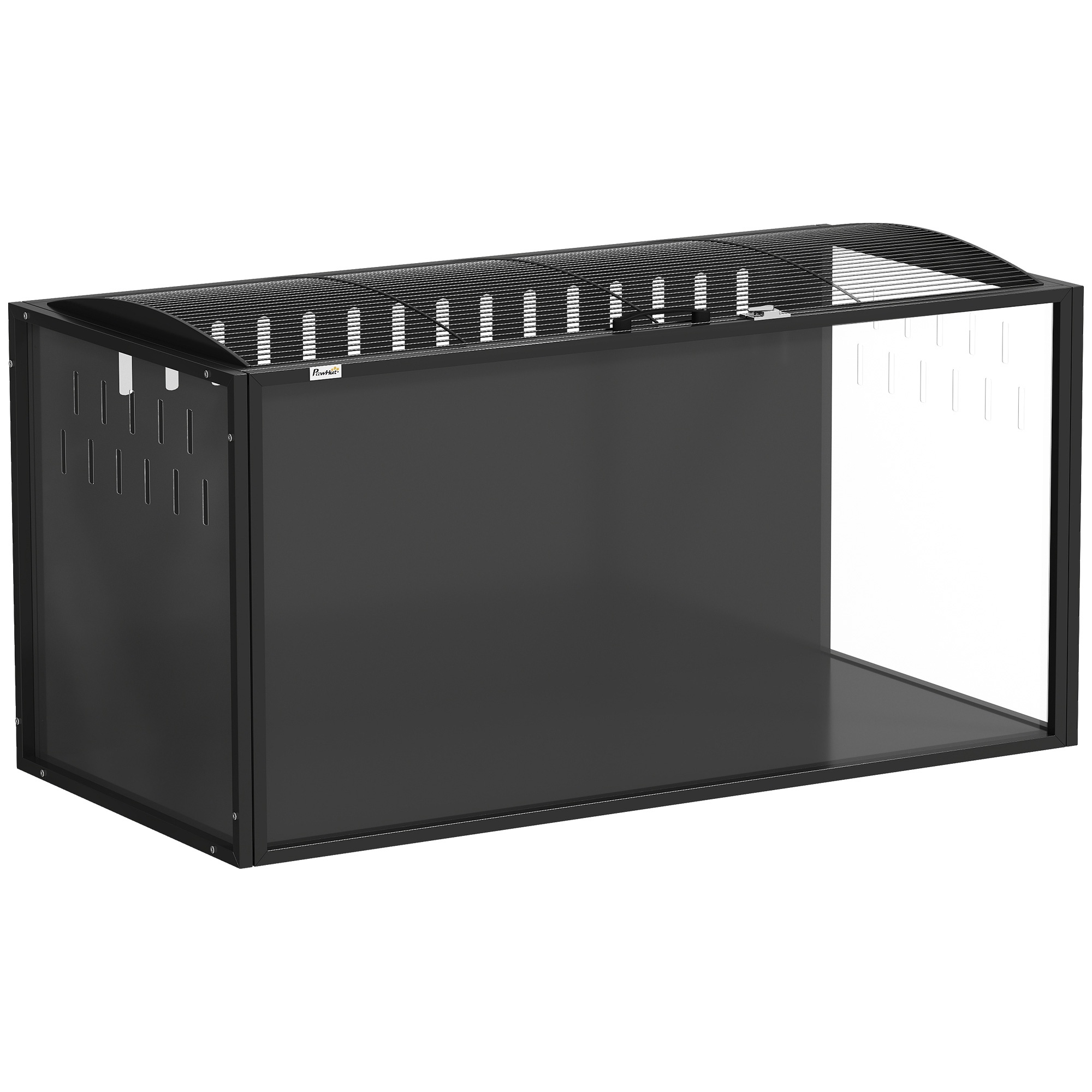Liels tērauda un akrila kāmju būris ar atveramu izliektu vāku un dziļu apakšējo paplāti, 105 × 51 × 53 cm