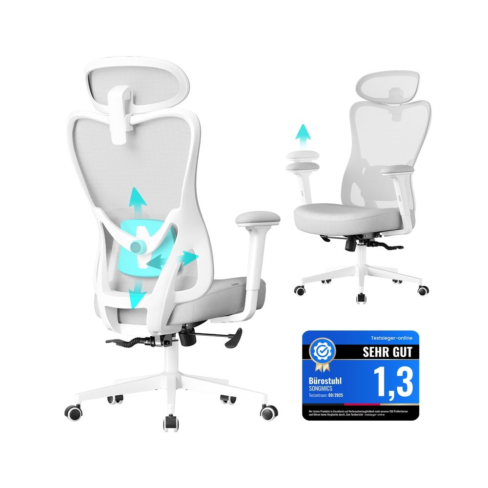 Ergonomisks biroja krēsls ar regulējamu balstu, gaiši pelēks