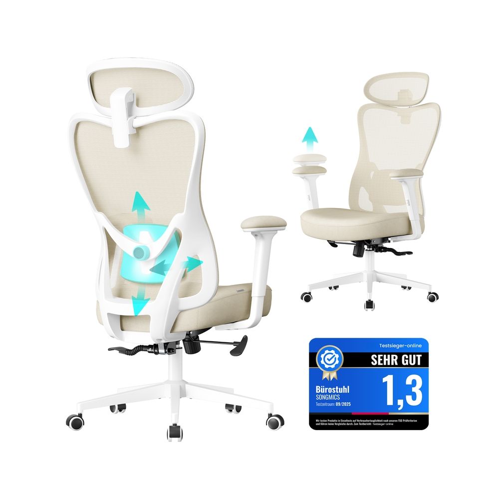Ergonomisks biroja krēsls ar regulējamu balstu, bēšs/balts