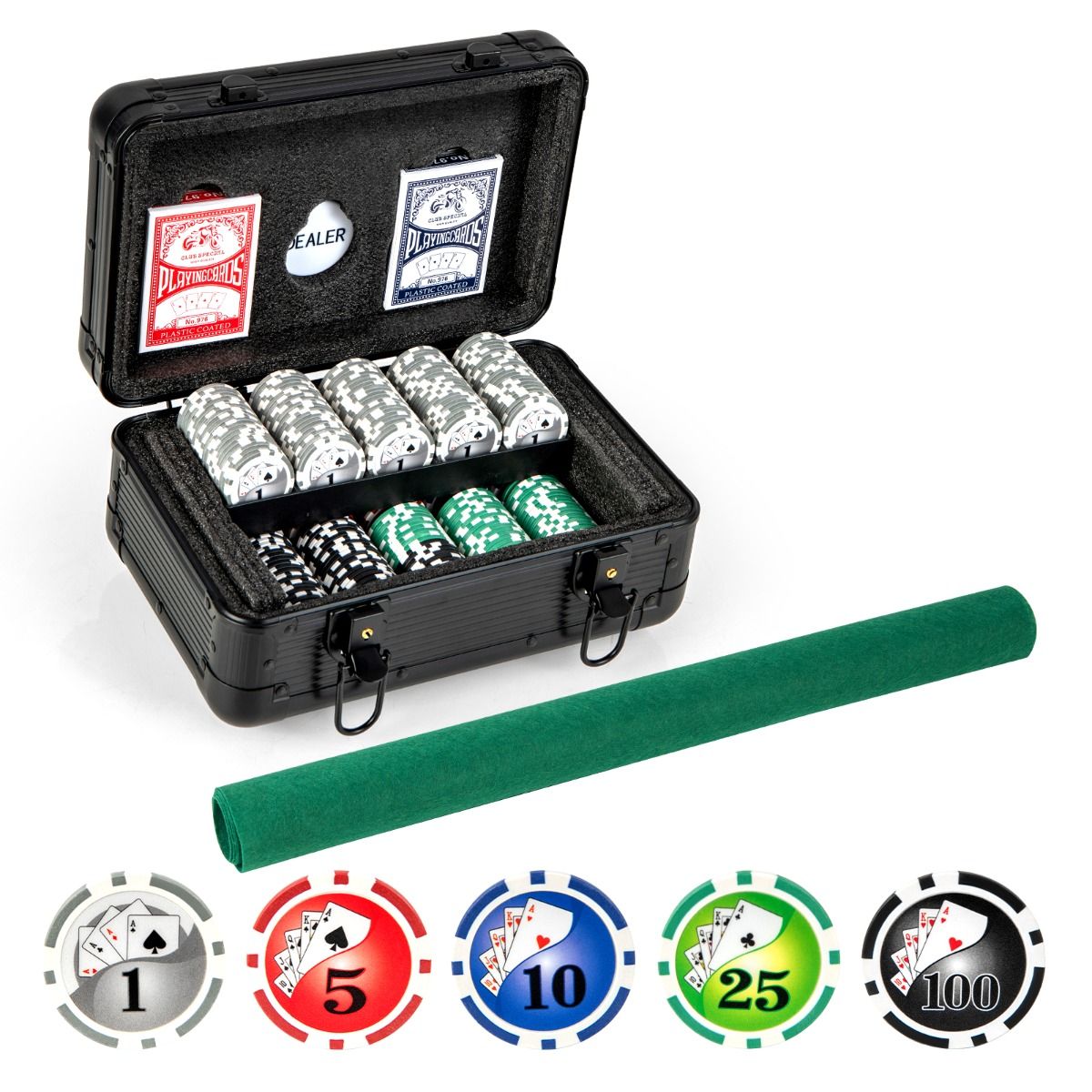Texas Holdem pokera žetonu komplekts ar 300 žetoniem - melns