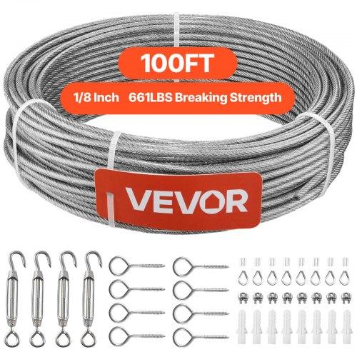 3.2 mm Wire Rope Kit, 30.5 m Length, 304 Stainless Steel Wire Cable, 2.9 kN Breaking Strength, 7 x 7 Strands Construction, Steel Cable for Deck Railing System, Garden Trellis, String Lights