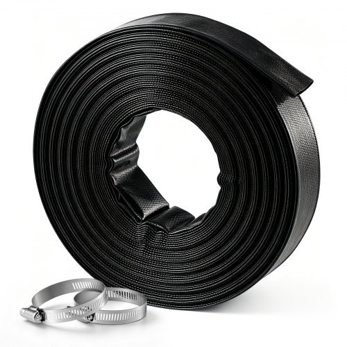 Izturīga plakana PVC novadīšanas šļūtene ar skavām, 1 1/2 collas × 30,48 m, izturīga pret laikapstākļiem un plīšanu, baseina smilšu filtram, drenāžas sūknim un ūdens pārvietošanai, melna