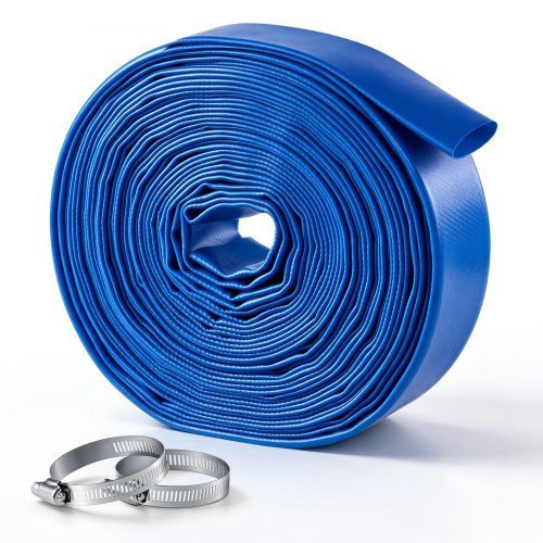 Izturīga plakana PVC novadīšanas šļūtene ar skavām, 1 1/2 collas × 15,2 m, izturīga pret laikapstākļiem un plīšanu, baseina smilšu filtram, drenāžas sūknim un ūdens pārvietošanai, zila