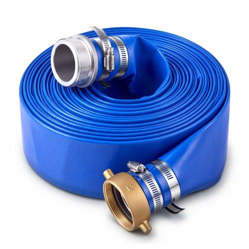 Plakana PVC novadīšanas šļūtene ar sviras ātrajiem savienojumiem, 2 collas × 15,2 m, izturīga pret laikapstākļiem un plīšanu, baseina smilšu filtram, drenāžas sūknim un ūdens pārvietošanai, zila