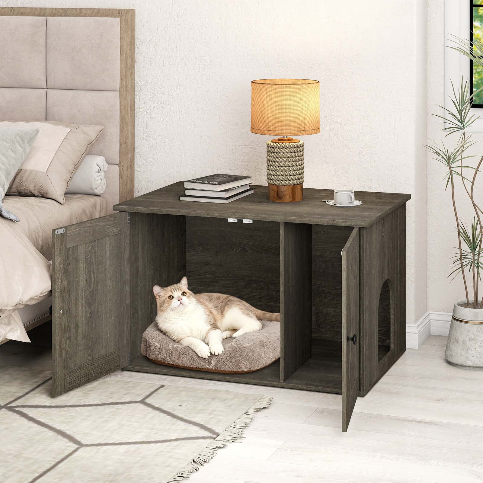 80 x 53 x 50 cm koka iekštelpu kaķu māja ar nodalījumu un kaķēna vannas istabu viesistabai - pelēka
