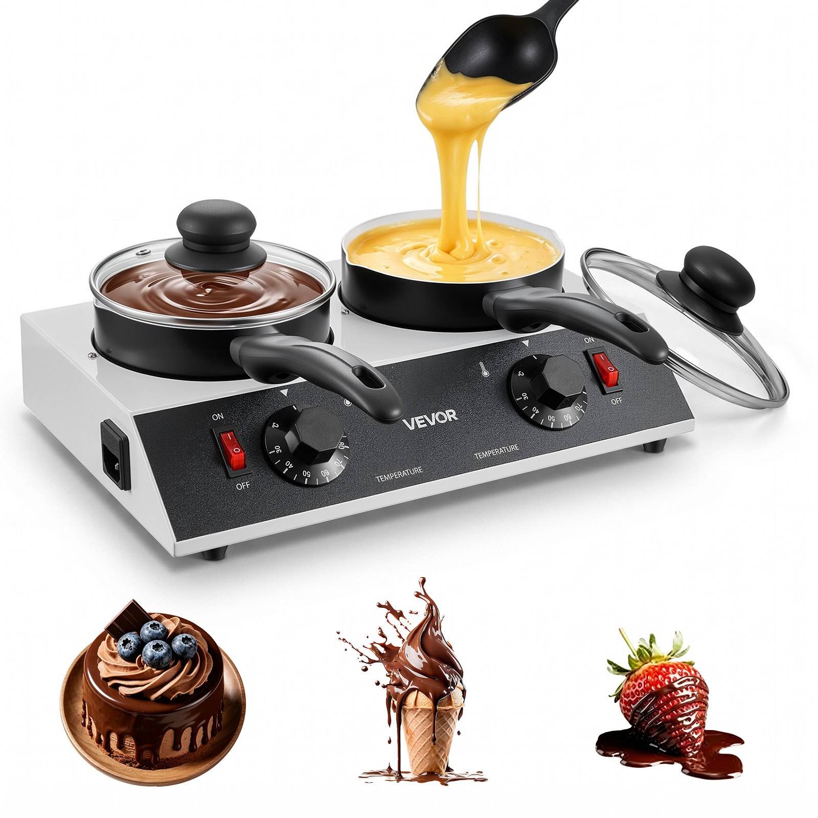 Chocolate Melting Pot - 2 x 1 L Pots, 30℃ to 85℃ Choc Warm Machine, 80W Even Cheese Melter, 2 Knobs Temp Control, 2 Ceramic Coated Pots, Electric Warmer for Mulled Milk Candy, Commercial & Home