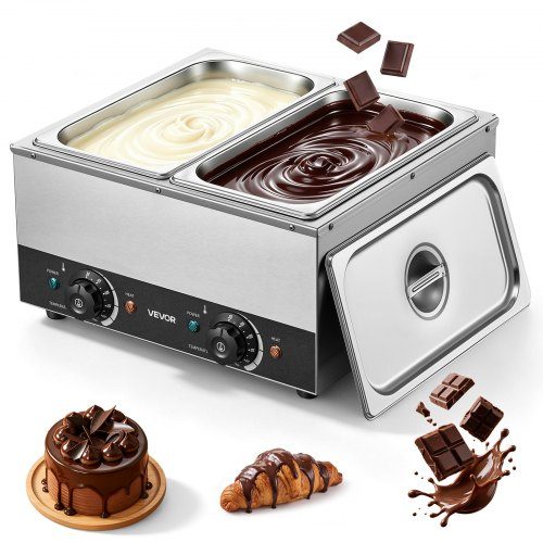 2-Temp Knob Chocolate Melting Machine, 2 Tanks 8.2 kg Choc Melter, 1600W Power, Independent Temp Control, Water Bath Heat System, Stainless Steel, 30℃ to 85℃, Cheese Warmer, Commercial & Home