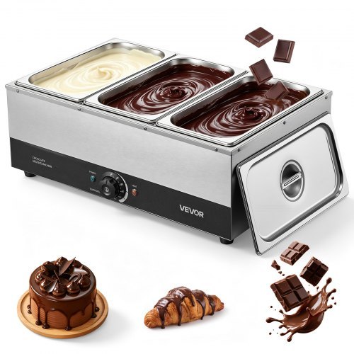 Chocolate Melting Machine, 3 Tanks 12.2 kg Choc Commercial Melter, 1200W High Power, Water Bath Heating System, Stainless Steel Body, 30℃ to 85℃ Temp Range, Chocolate Warmer for Cheese Milk
