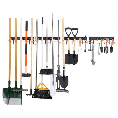 Izturīgs sienas plaukts garāžas un dārza instrumentiem, 1727,2 mm, 204 kg, 4 sliedes, 24 fiksēti L āķi un 20 regulējami S āķi, arī lāpstām un nojumei
