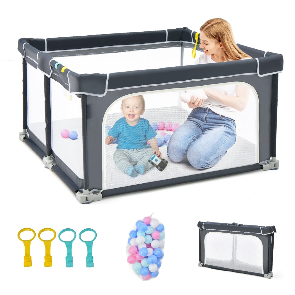 124 cm x 124 cm saliekams bērnu rotaļu laukums ar fiksatoriem - tumši pelēks