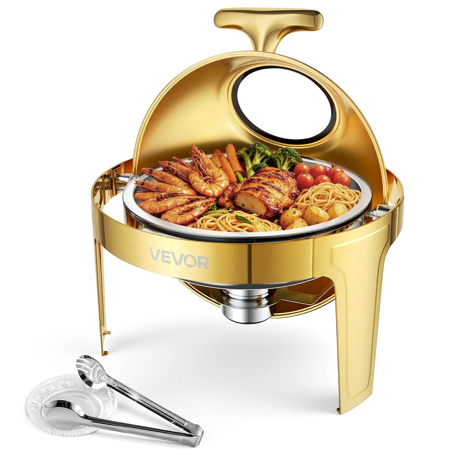 Apaļš nerūsējošā tērauda bufetes ēdienu sildītājs, 1 komplekts, 6 QT / 5,7 l, atbīdāms augšējais vāks, 1 katls, stikla vāks, knaibles un stikla statīvs, banketiem, ballītēm, kāzām un ēdināšanai
