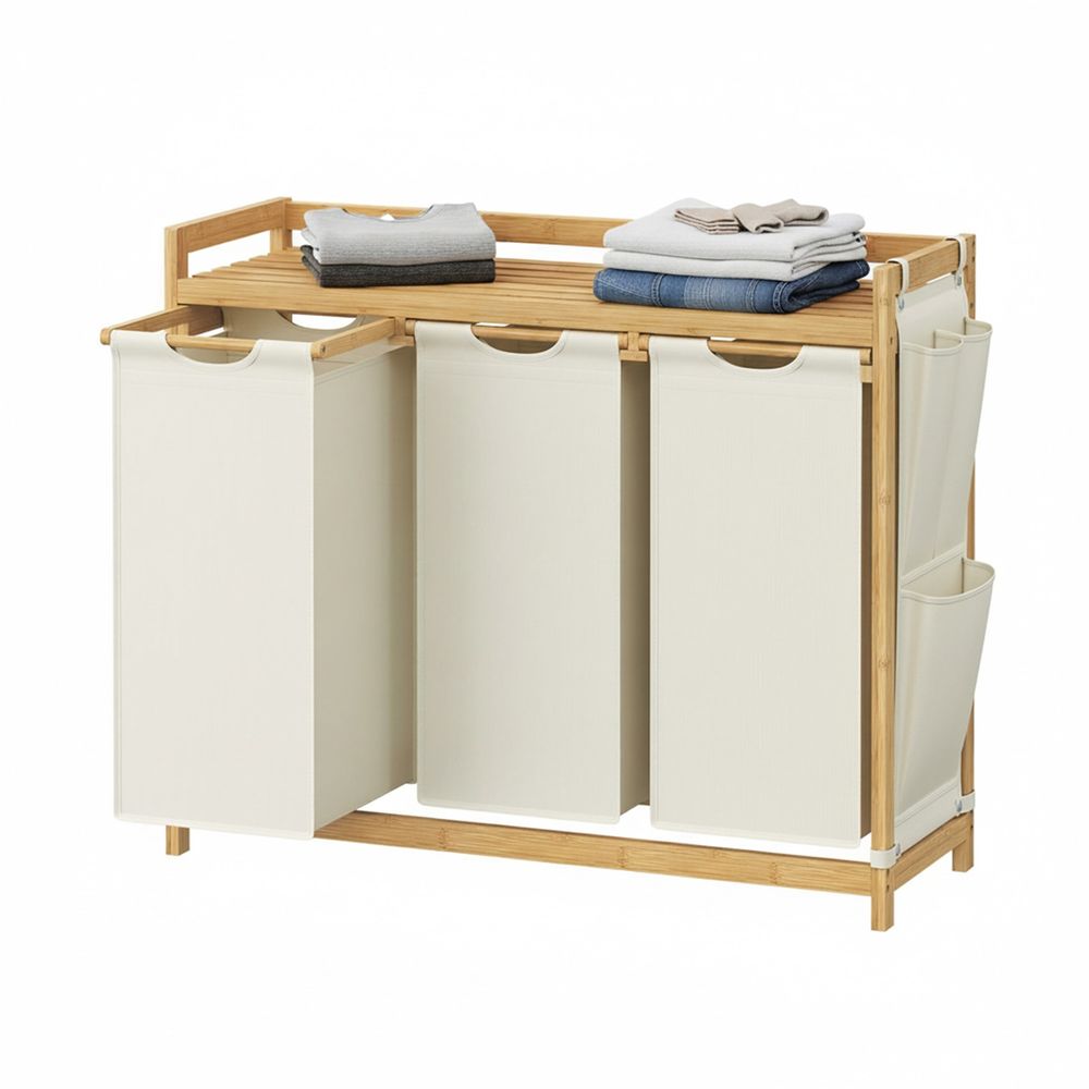 Veļas grozs ar 3 sekcijām, bambuss, 150 l veļas grozs, veļas šķirotājs, ar plauktu, veļas maiss, mazas sānu kabatas, veļas plaukts, 3 x 50 l, 94 x 33 x 78 cm, krēmbalts