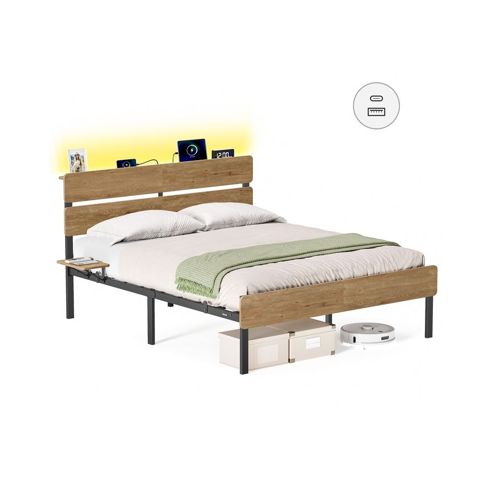 Divguļamās gultas rāmis 140 x 200 cm, metāla rāmis, LED apgaismojums, USB-A un USB-C ligzda, uzglabāšanas vieta zem gultas, industriāls stils, dabīgi brūna krāsa