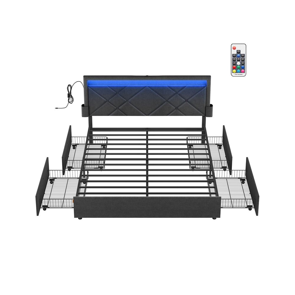 Kaheinimesevoodi raam voodiraam 160 x 200 cm LED metallvoodi 4 sahtlit laadimisjaam reguleeritav polsterdatud peats