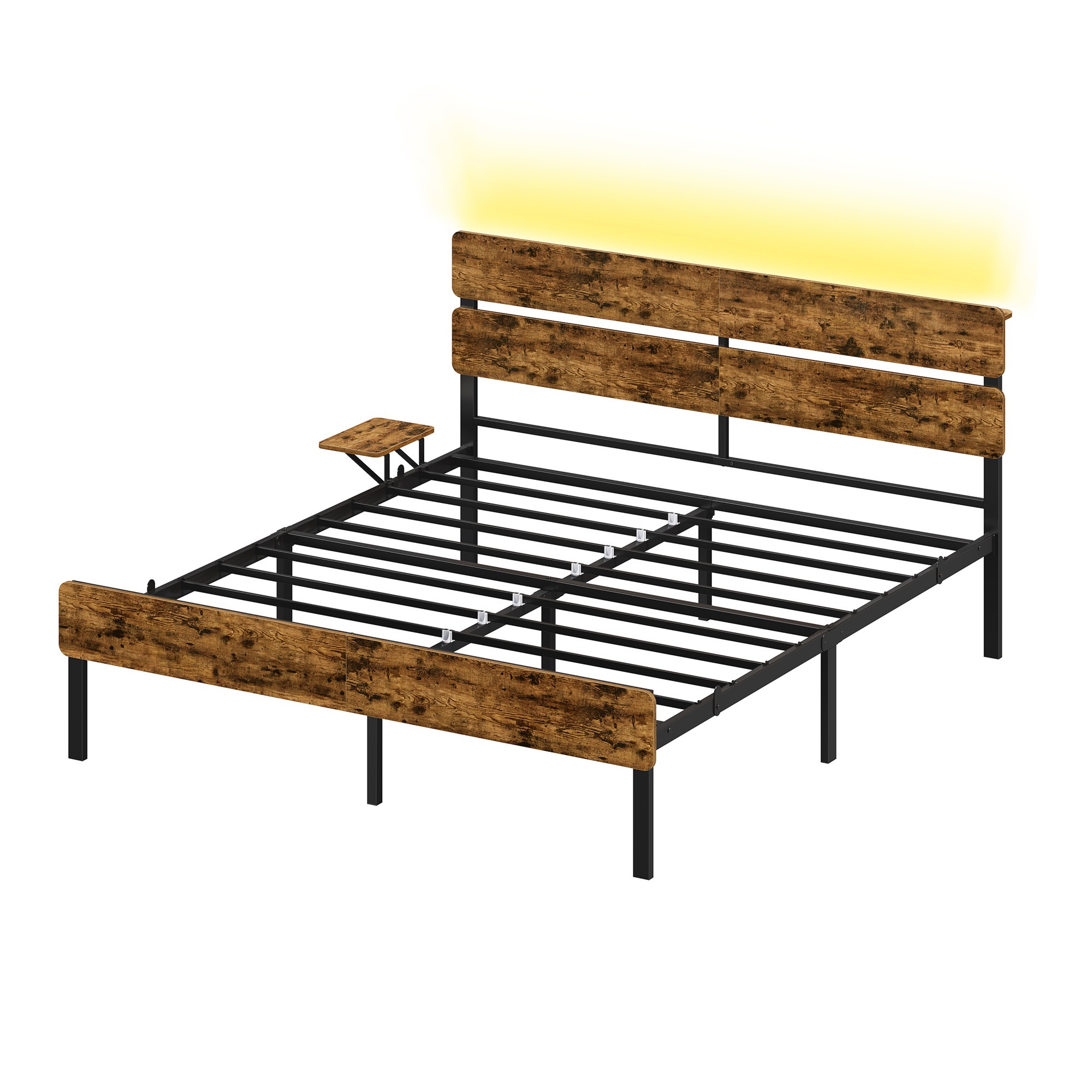 Vienguļamās gultas rāmis ar LED apgaismojumu, USB-A un USB-C pieslēgvietām un galvgaļa glabātuvi, 90 x 200 cm, antīki brūns-melns