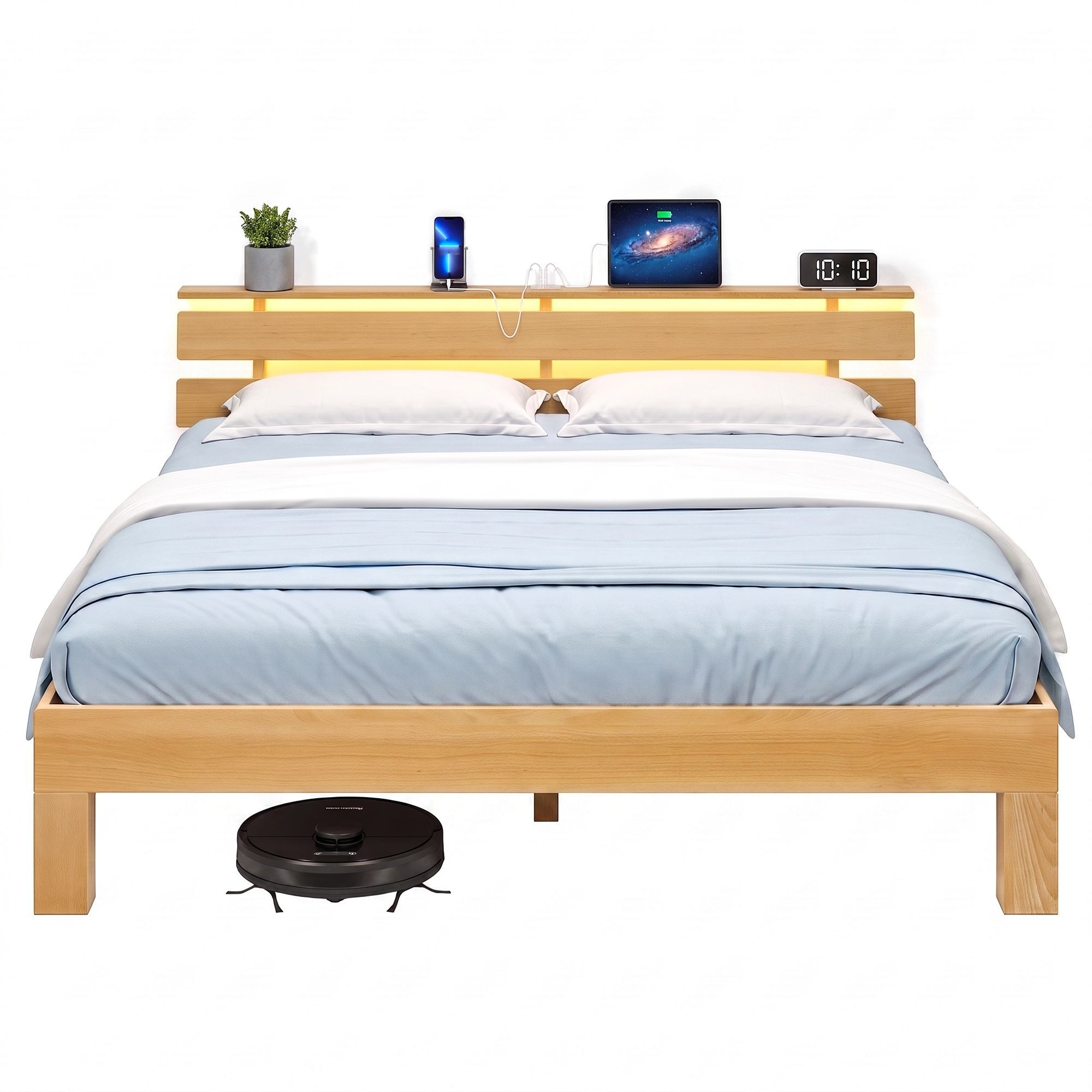 Dižskābarža koka gultas rāmis, 160 x 200 cm, ar galvgali, LED un USB apgaismojumu.