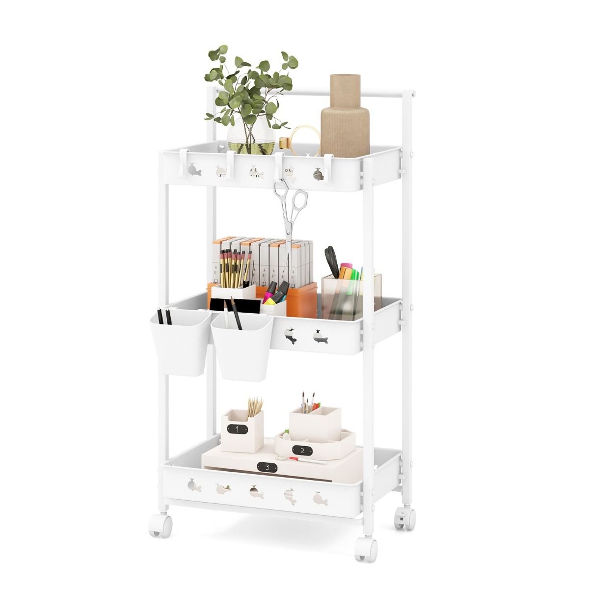 Kolmekorruseline kahe riputatava topsiga ratastel abikäru ja mobiilne köögiriiul (42 x 29 x 83 cm), valge