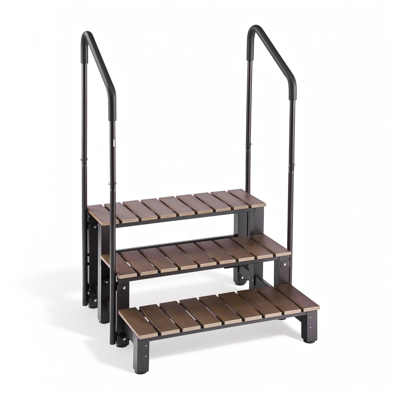 Āra SPA un burbuļvannas kāpnes ar 3 pakāpieniem un margu, nestspēja 250 kg, pakāpiena platums 820 mm, tērauds un izturīgs HIPS, neslīdošas un viegli saliekamas, arī baseinam, kemperim un terasei