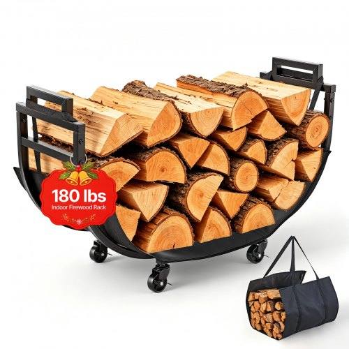 Izturīgs metāla malkas statīvs, 805 mm, nestspēja 80 kg, 4 bloķējami grozāmi riteņi, iekštelpām, pie kamīna un terasei, melns