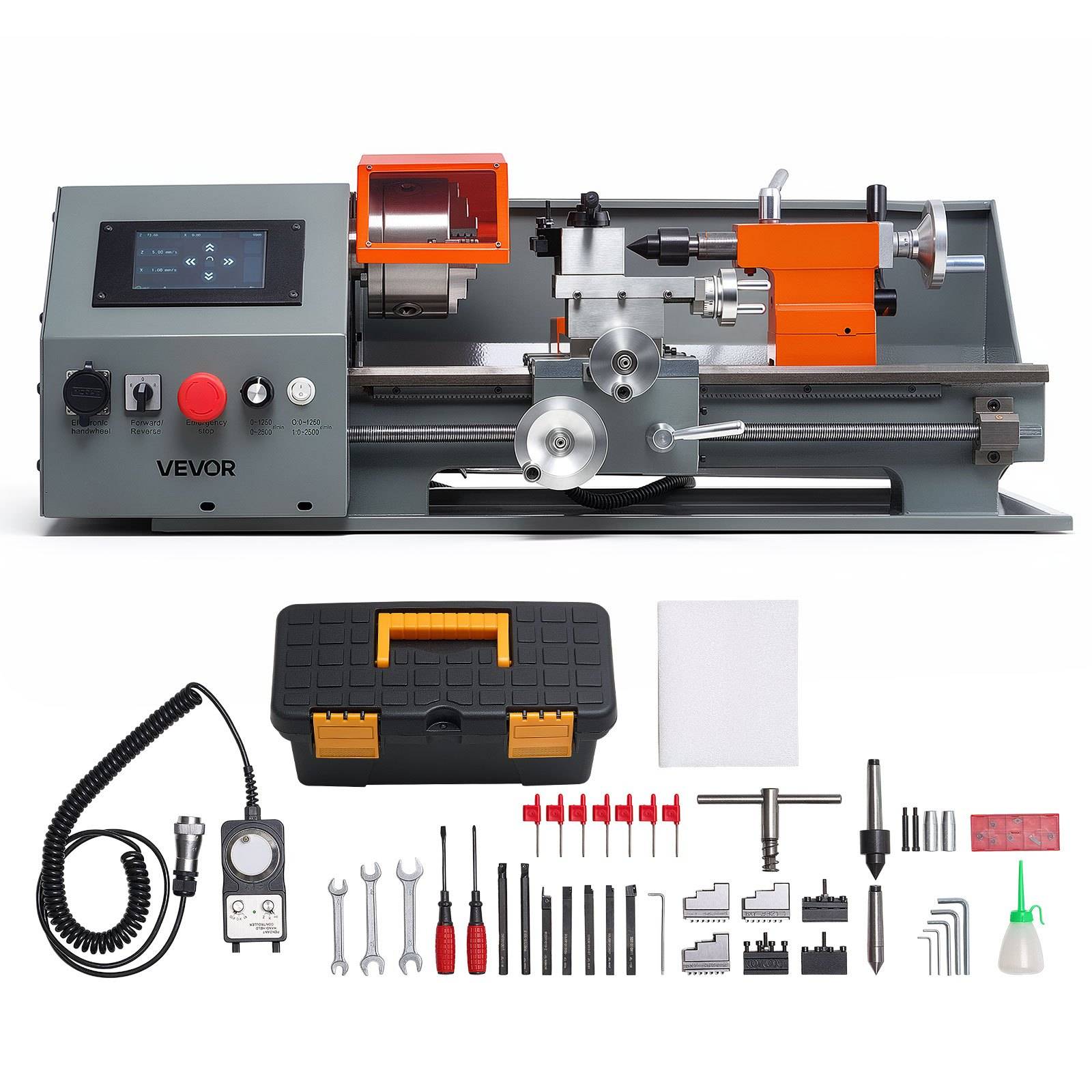 Galda CNC metāla virpa ar skārienekrānu automātiskai virpošanai, 220 × 400 mm, 1100 W, ātri maināms instrumentu turētājs, elektroniska gaitas skrūve un regulējams ātrums līdz 2500 apgr./min