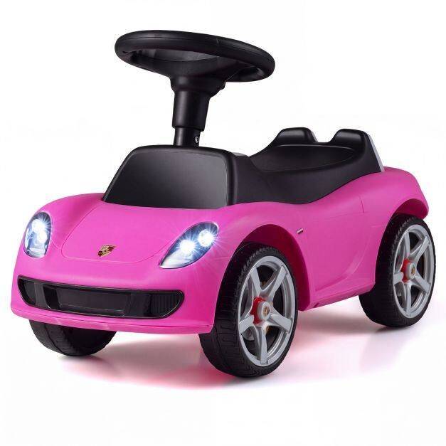 Bērnu braucamā automašīna, bīdāmā automašīna ar signālu un skaņas pogām, Porsche licence - rozā