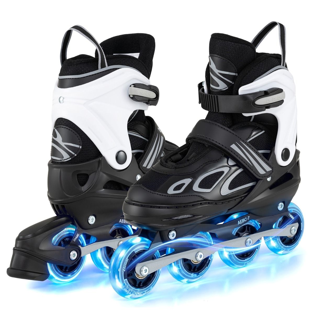Neljale suurusele reguleeritavad helendavate LED-ratastega laste rulluisud (Inline Skates), suurus L (EU 37–41), must ja valge