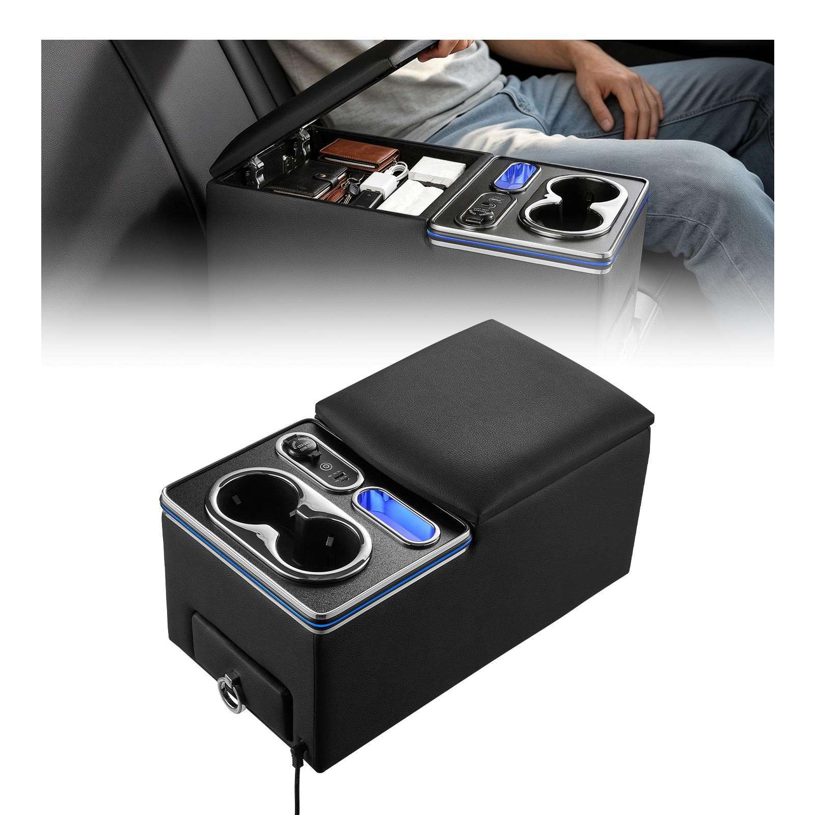 Universāla aizmugurējā sēdekļa viduskonsole, noskaņas apgaismojums 7 krāsās, USB, Type-C un cigarešu piesmēķētāja uzlāde, krūžu un telefona turētāji, minivenam, sedanam un apvidus auto