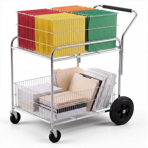 Izturīgi 2 līmeņu dokumentu un pasta ratiņi ar stiepļu plauktiem un bloķējamiem riteņiem, nestspēja 264,55 mārciņas / 120 kg, 37,6 × 22,4 × 38 collas, biroja arhīva telpai