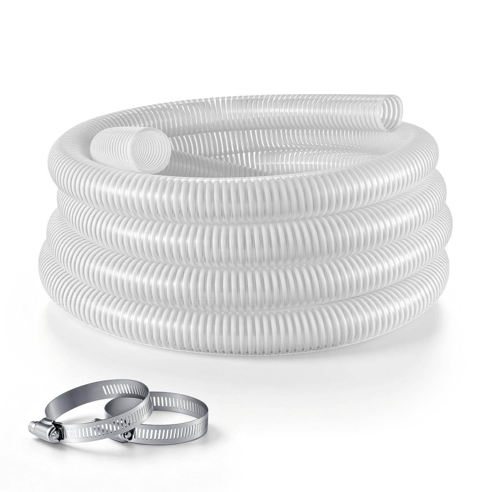 Izturīgs PVC sūkšanas šļūtenes komplekts ar skavām, 2 collas × 7,6 m, augsta izturība pret spiedienu, laikapstākļiem un plīšanu, baseinam, netīrā ūdens sūknim un ūdens pārvietošanai, balts