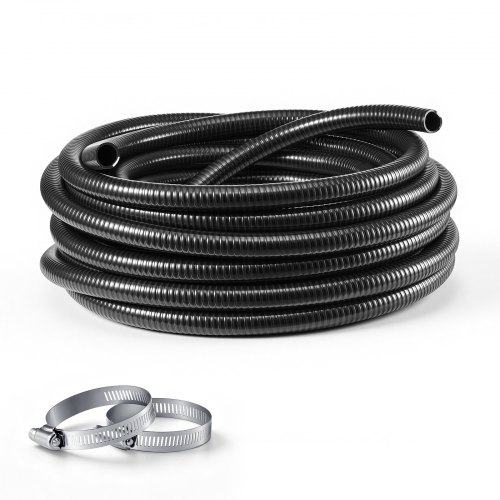 Izturīgs PVC sūkšanas šļūtenes komplekts ar skavām, 25 mm × 25 m, augsta izturība pret spiedienu, laikapstākļiem un plīšanu, baseinam, netīrā ūdens sūknim un ūdens pārvietošanai, melns