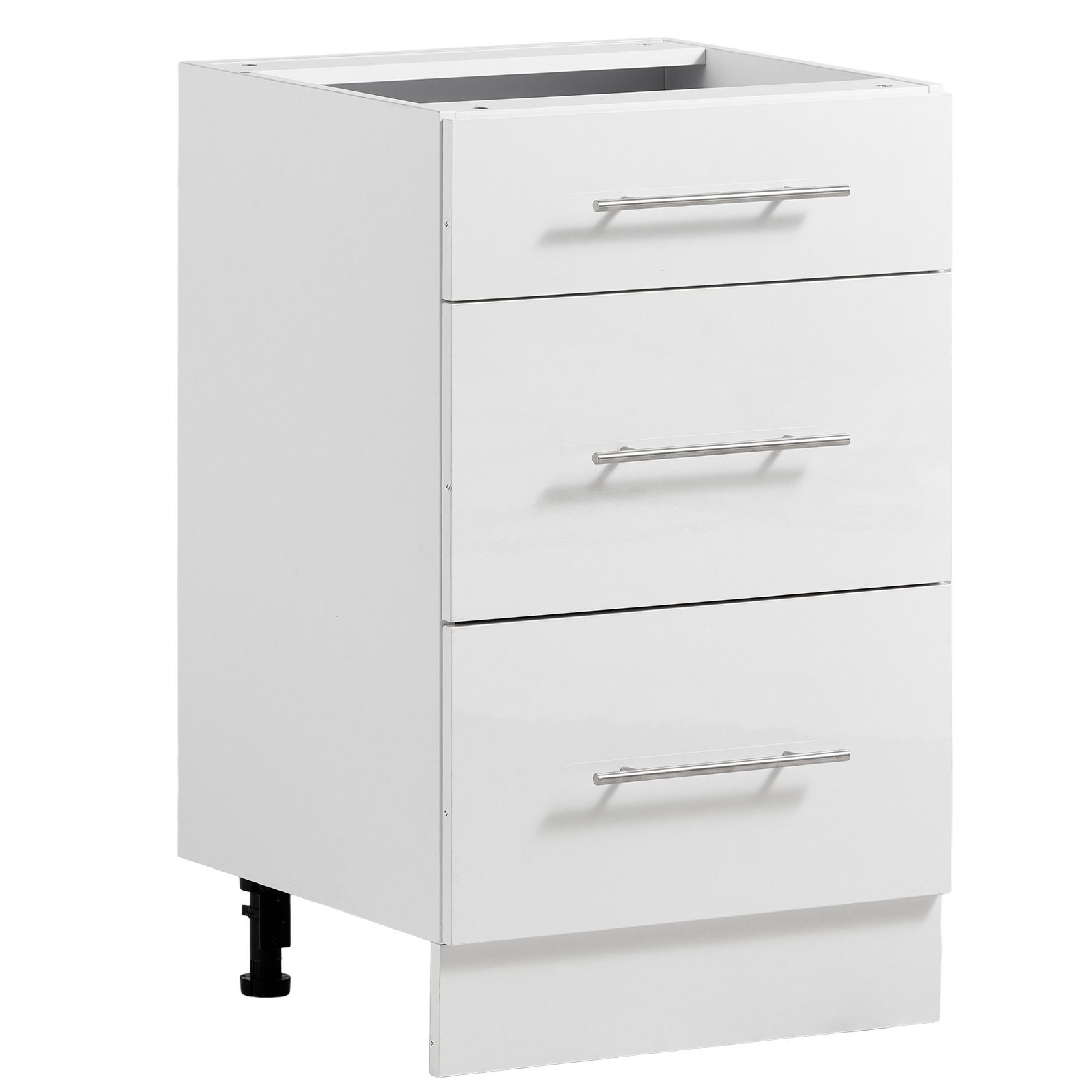 Montāžai gatavs Shaker stila grīdas skapis, balts, platums 50 cm, 500 × 475 × 815 mm (platums × dziļums × augstums), 3 atvilktnes, klusi aizverami stiprinājumi un kārtīga malu apdare, mājai, birojam un veļas telpai