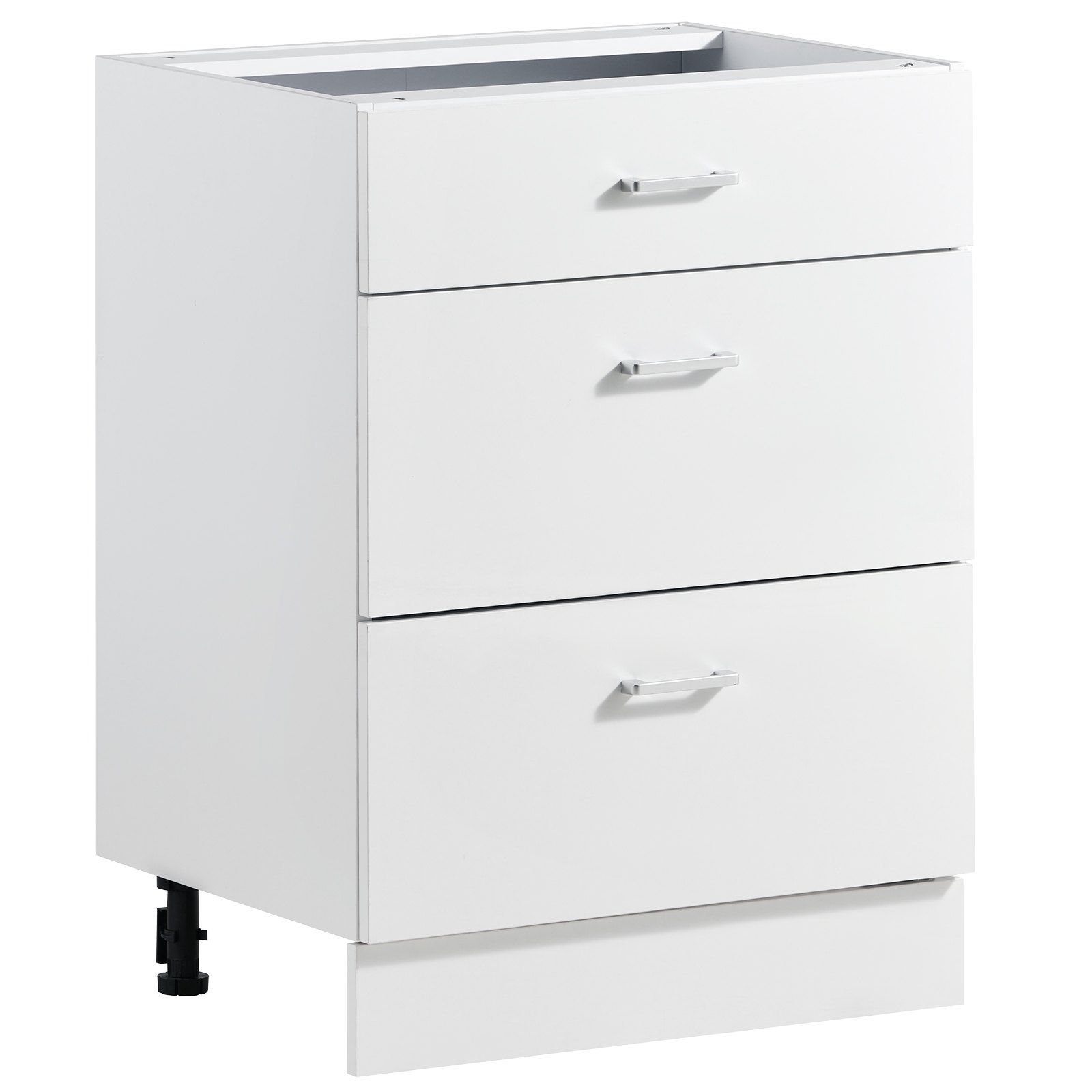 Montāžai gatavs Shaker stila grīdas skapis, balts, platums 60 cm, 600 × 475 × 815 mm (platums × dziļums × augstums), 3 atvilktnes un vienmērīgas atvilktņu sliedes, mājai, birojam un veļas telpai