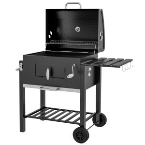 Ogļu grila kūpinātava BBQ kūpinātava, 1 plaukts, 1 dvieļu pakaramais, 2 grila režģi, 113 cm x 65 cm x 108 cm, melna
