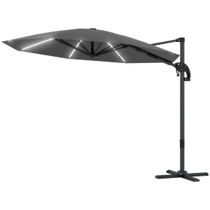 Alumīnija konsoles saulessargs ar LED saules apgaismojumu, Ø300 cm, regulējams augstums, ar kloķa statīvu, UV50+, tumši pelēks