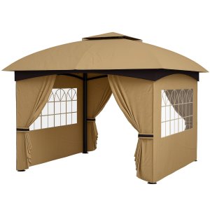 3,4 x 3,4 m dārza paviljons, alus telts ar ventilējamu jumtu, arkveida logi, tērauda rāmis, bēša krāsa