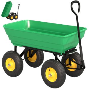 Dārza ratiņi ar apgāšanas funkciju, līdz 200 kg, rokas ratiņi ar 75 litru plastmasas tvertni, vilkšanas rokturis, pneimatiskās riepas, tumši zaļa krāsa