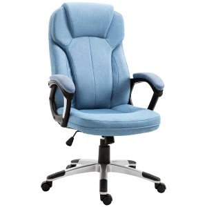 Biroja krēsls, datorkrēsls, grozāmais krēsls, regulējams augstumā, šūpošanās funkcija ar galvas balstu un polsterētiem roku balstiem, ergonomisks, gaiši zils lina audums, 66 x 75 x 110–120 cm