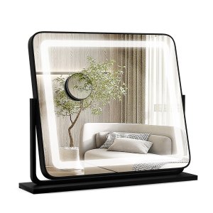 Galda spogulis ar LED apgaismojumu un gaismām, 56 x 12 x 48 cm, melns