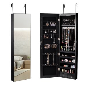 Rotaslietu skapis ar spoguli un LED apgaismojumu, daudzfunkcionāla uzglabāšanas vieta, ar durvju āķiem, 120 x 36 x 10 cm, melns