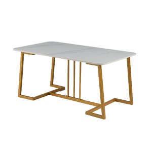 Kafijas galdiņš ar lielu marmora efekta virsmu un zelta metāla kājām, taisnstūrveida kafijas galdiņš ar modernu dizainu