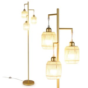 173 cm stāvlampa, viesistabas stāvlampa ar 3 austām papīra abažūrām, apaļu pamatni, kājas slēdzi, 60 W, zelta krāsā
