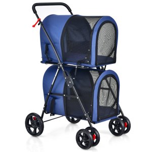 4-in-1 salokāms divslāņu mājdzīvnieku ratiņi ar 2 noņemamiem pārnēsāšanas nodalījumiem - zils
